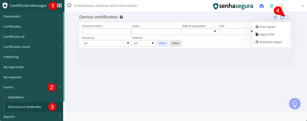 How to access Device certificates report - Certificate Manager - Segura ...