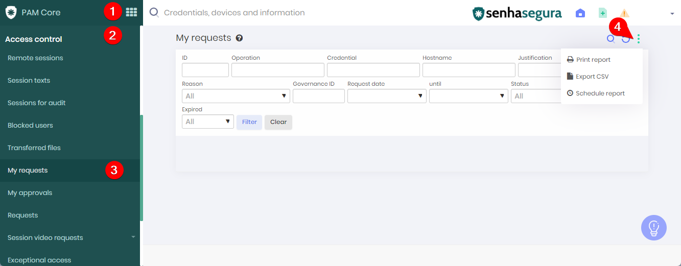 How to access my request of access control report - PAM Core - Segura ...